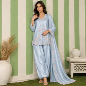 Powder Blue Embroidered Pakistani Silk Suits UK