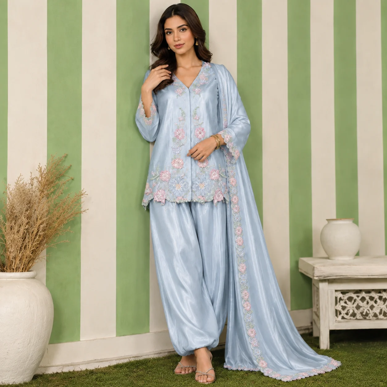 Powder Blue Embroidered Pakistani Silk Suits UK