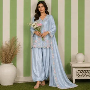 Powder Blue Embroidered Pakistani Silk Suits UK
