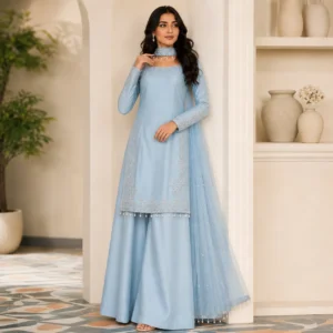 Powder Blue Hand-Embellished Pakistani Silk Suits UK