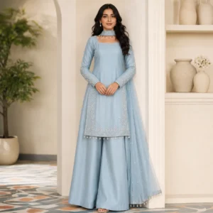 Powder Blue Hand-Embellished Pakistani Silk Suits UK