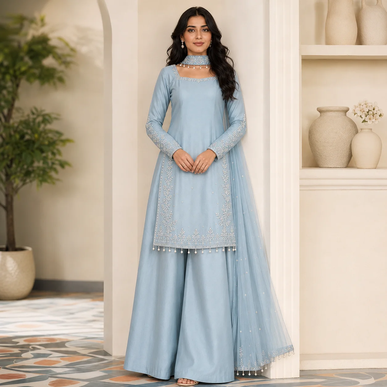 Powder Blue Hand-Embellished Pakistani Silk Suits UK