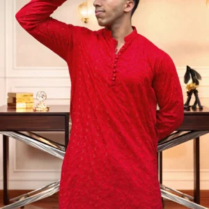 Red Chikankari Wedding Kurta for Men