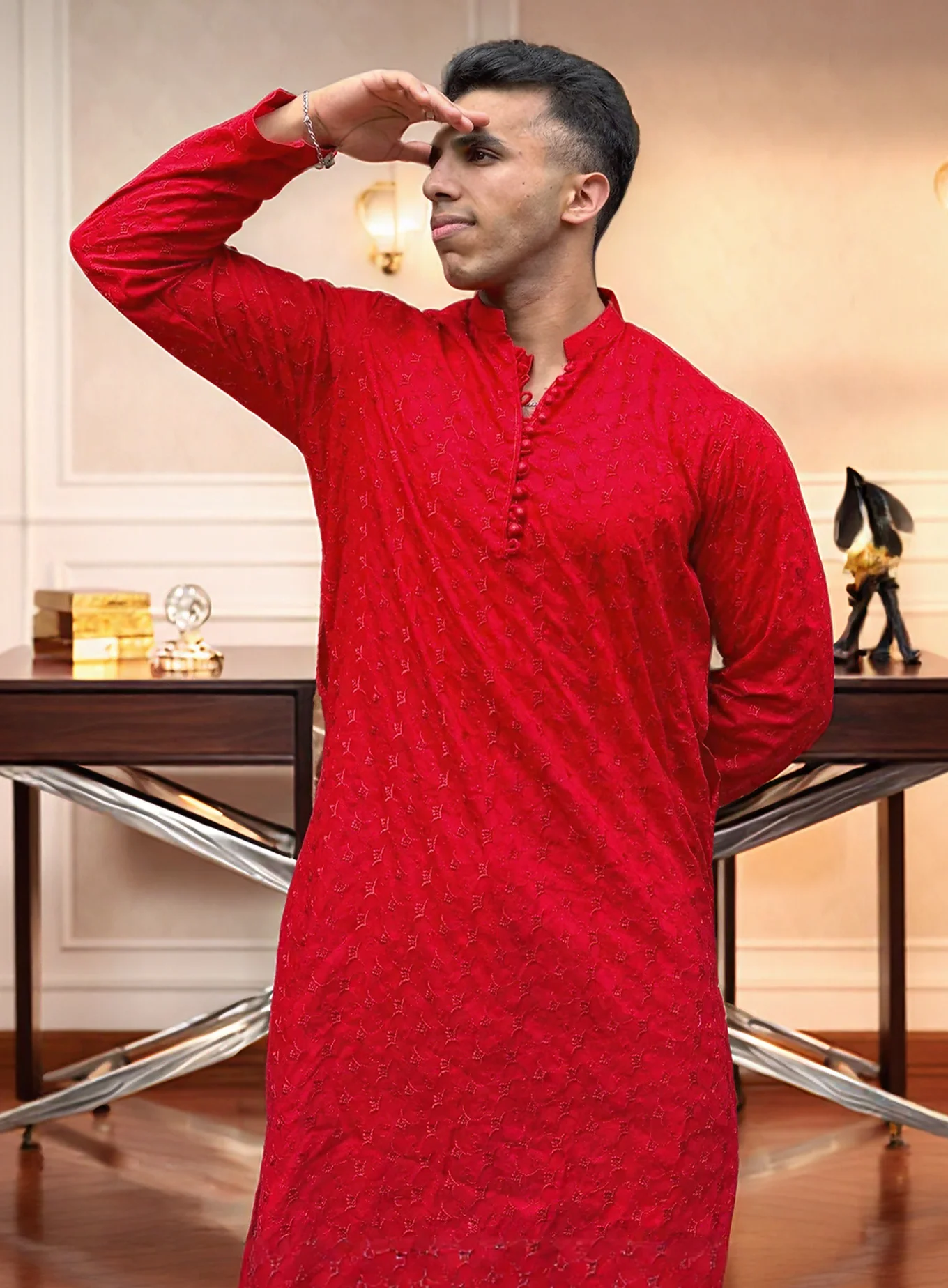 Red Chikankari Wedding Kurta for Men