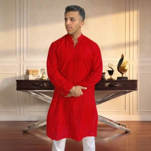 Red Chikankari Wedding Kurta for Men