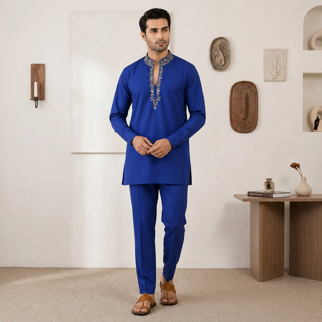 Royal Blue Zari mens wedding wear kurta