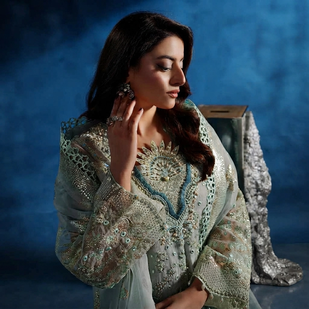 Sage Green Organza Pakistani Party Wear Dresses