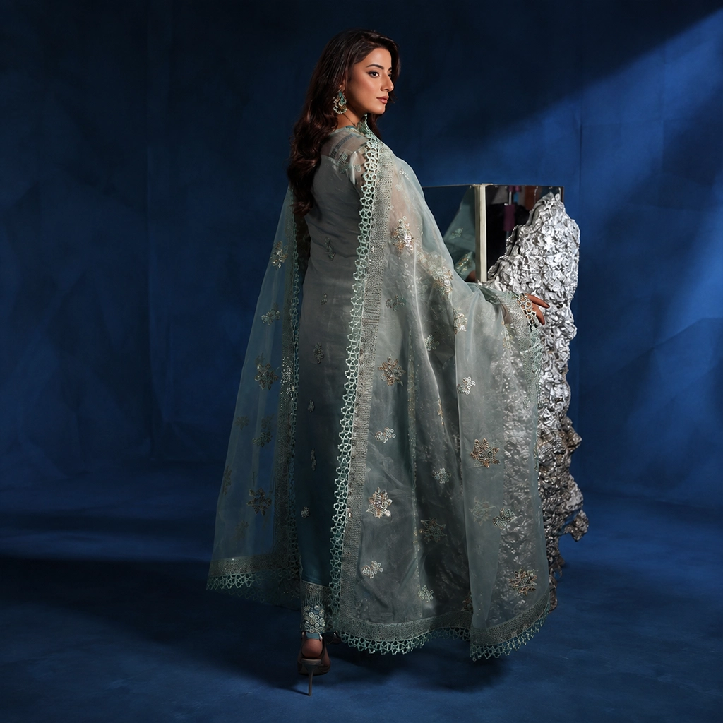 Sage Green Organza Pakistani Party Wear Dresses