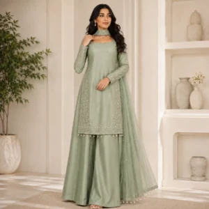 Sage Green Hand-Embellished Pakistani Silk Suits UK