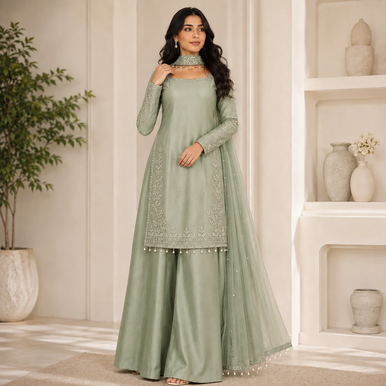 Sage Green Hand-Embellished Pakistani Silk Suits UK