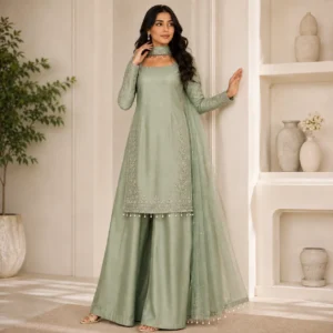 Sage Green Hand-Embellished Pakistani Silk Suits UK