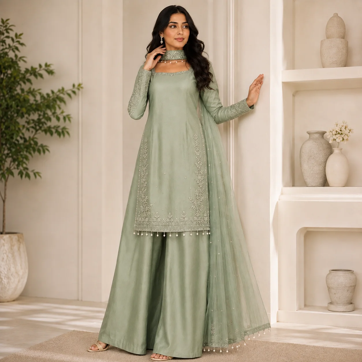 Sage Green Hand-Embellished Pakistani Silk Suits UK