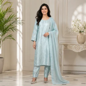 Sky Blue Hand-Embellished Silk Pakistani Suit