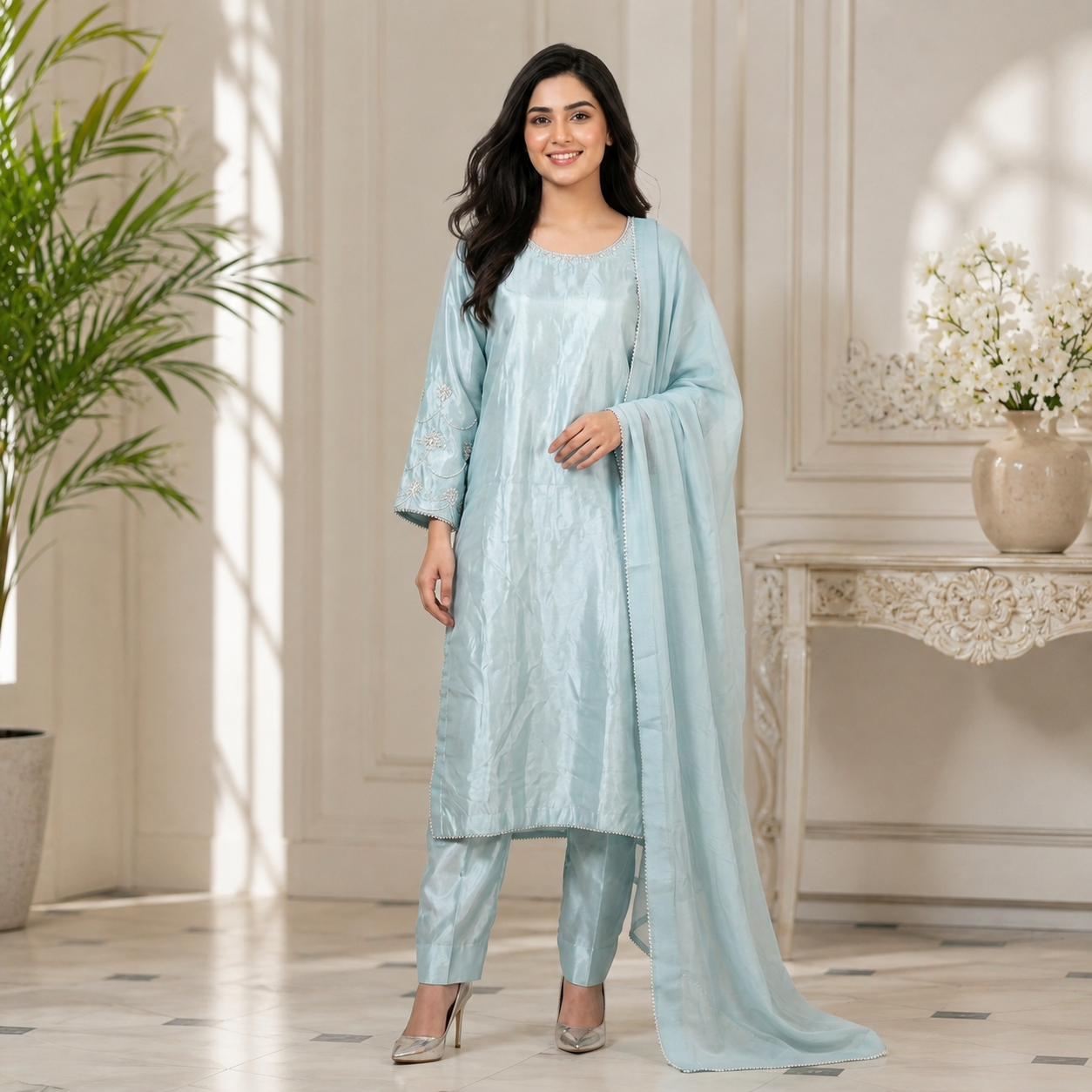Sky Blue Hand-Embellished Silk Pakistani Suit