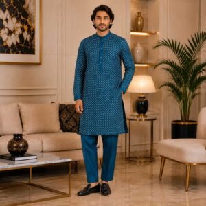 Teal Blue raw silk marriage kurta for men