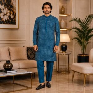 Teal Blue raw silk marriage kurta for men