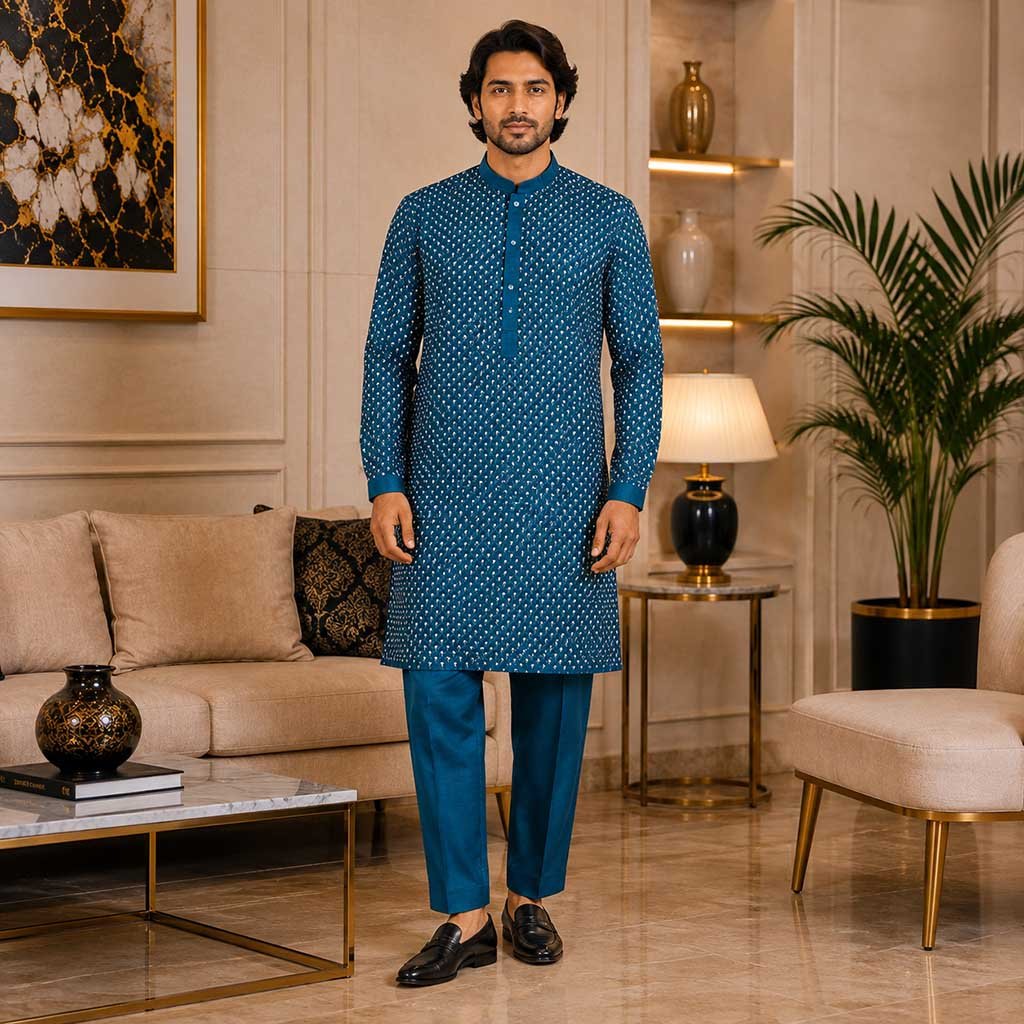 Teal Blue raw silk marriage kurta for men