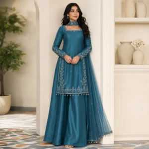 Teal Hand-Embellished Pakistani Silk Suits