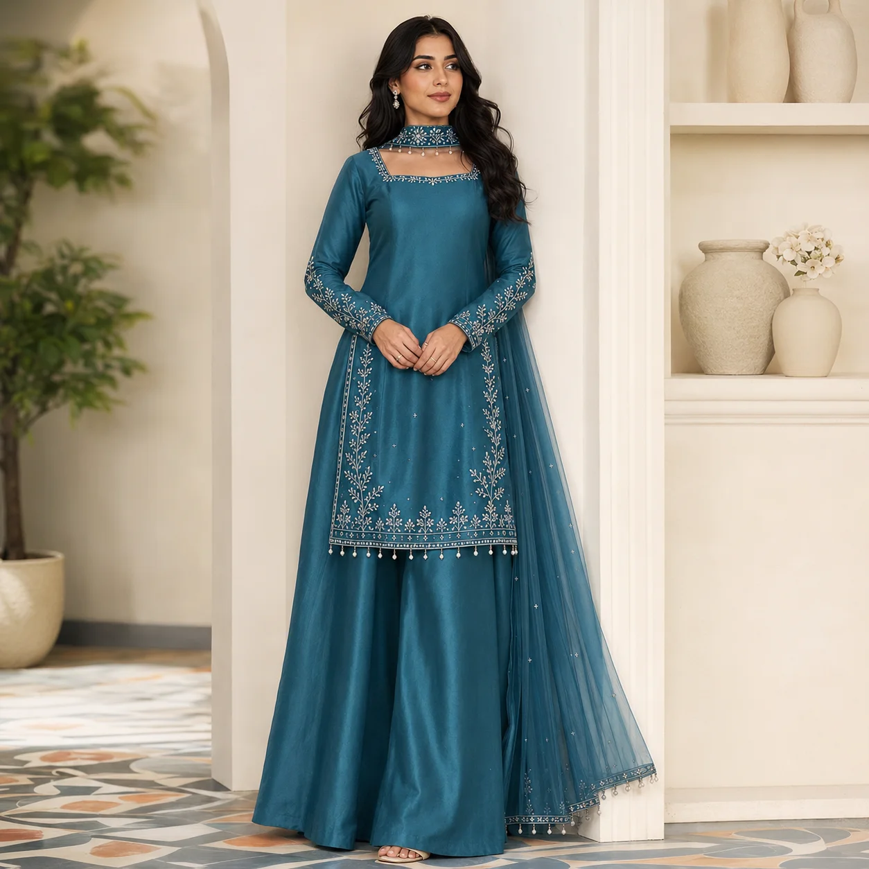 Teal Hand-Embellished Pakistani Silk Suits