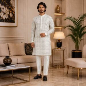 White Raw Silk Mens Kurta for Wedding