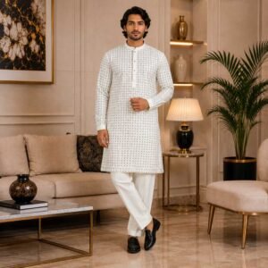 White Raw Silk Mens Kurta for Wedding