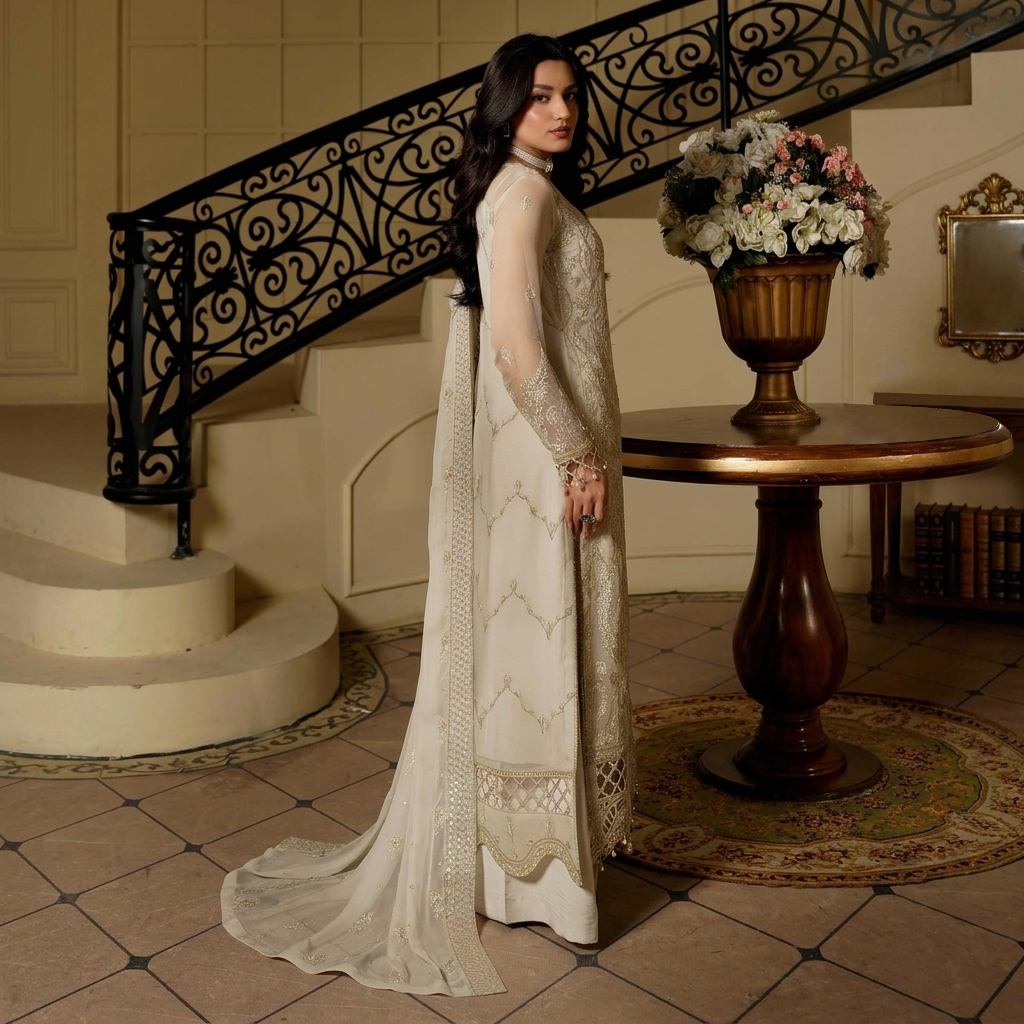 White chiffon pakistani party wear