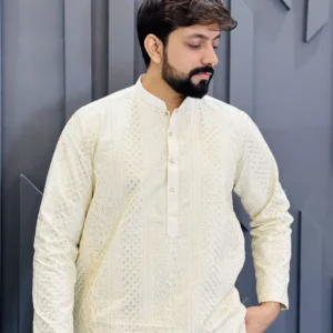 White raw silk marriage kurta for men