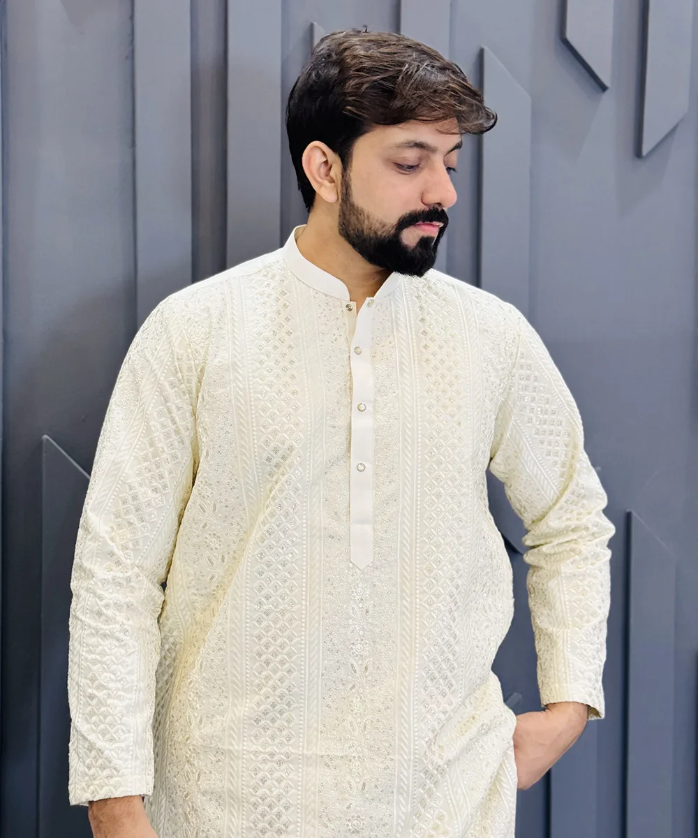 White raw silk marriage kurta for men