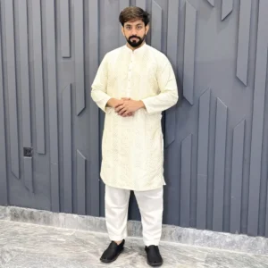 White raw silk marriage kurta for men