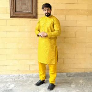 Yellow raw silk kurtas for men in wedding