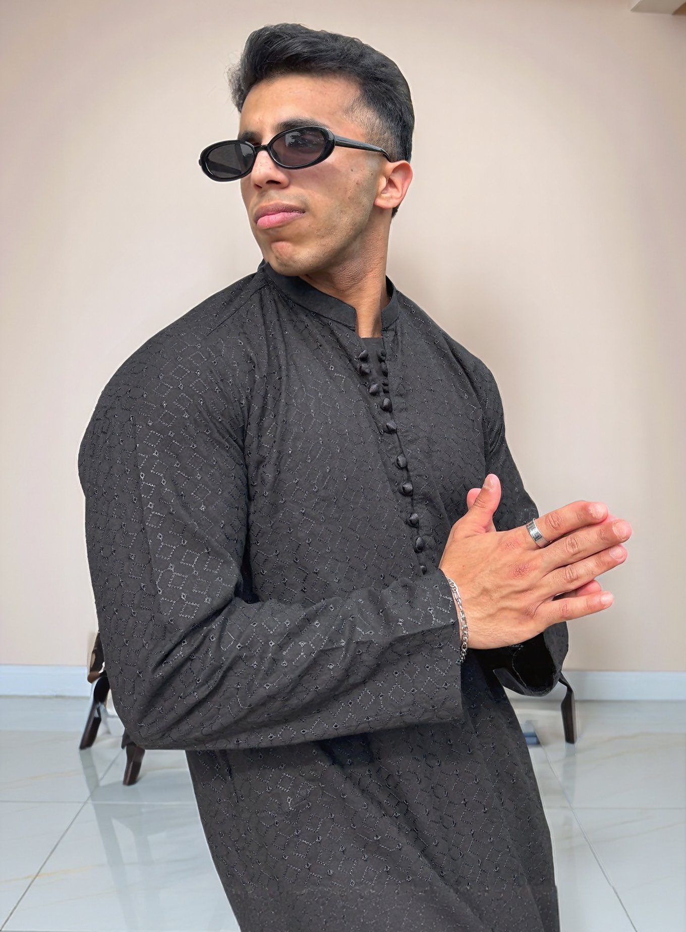 black chikankari wedding kurta for men