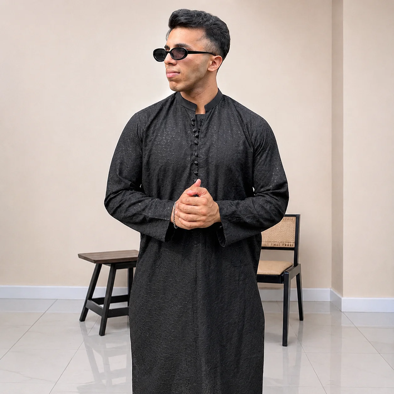 black chikankari wedding kurta for men