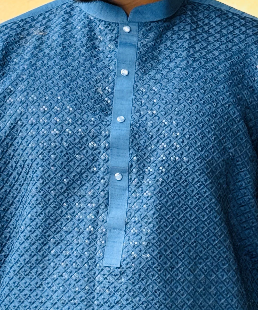 blue Jay row silk wedding kurta for men