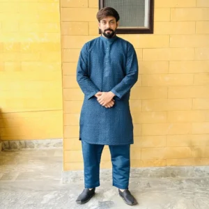 blue Jay row silk wedding kurta for men