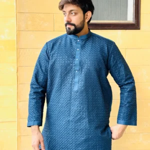 blue Jay row silk wedding kurta for men