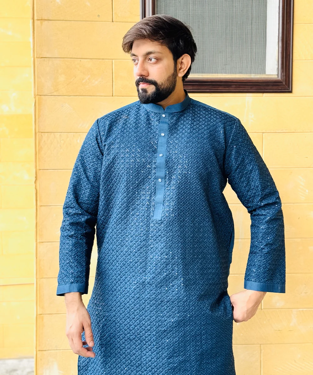 blue Jay row silk wedding kurta for men