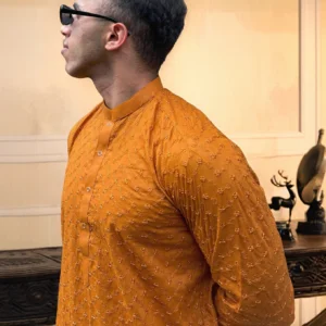 Mustard Orange chikankari mens kurta for wedding