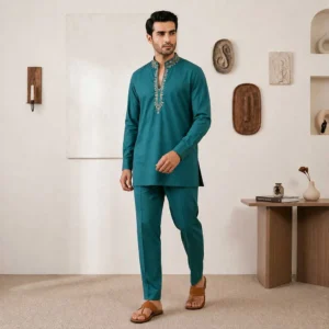 peacock teal Zari detailed mens kurta wedding