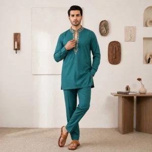 peacock teal Zari detailed mens kurta wedding