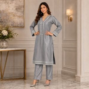 2 Piece Silver Grey silk suits uk
