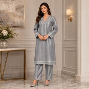 2 Piece Silver Grey silk suits uk