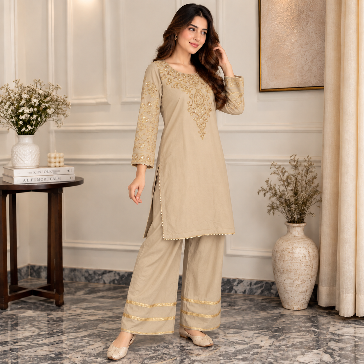 Beige Pakistani Organza Suit