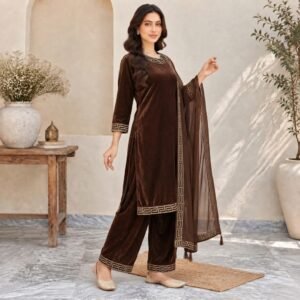Brown-Embroidered Velvet Suit