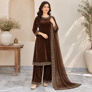 Brown-Embroidered Velvet Suit