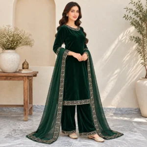 Dark-Green-Embroidered Velvet Suit