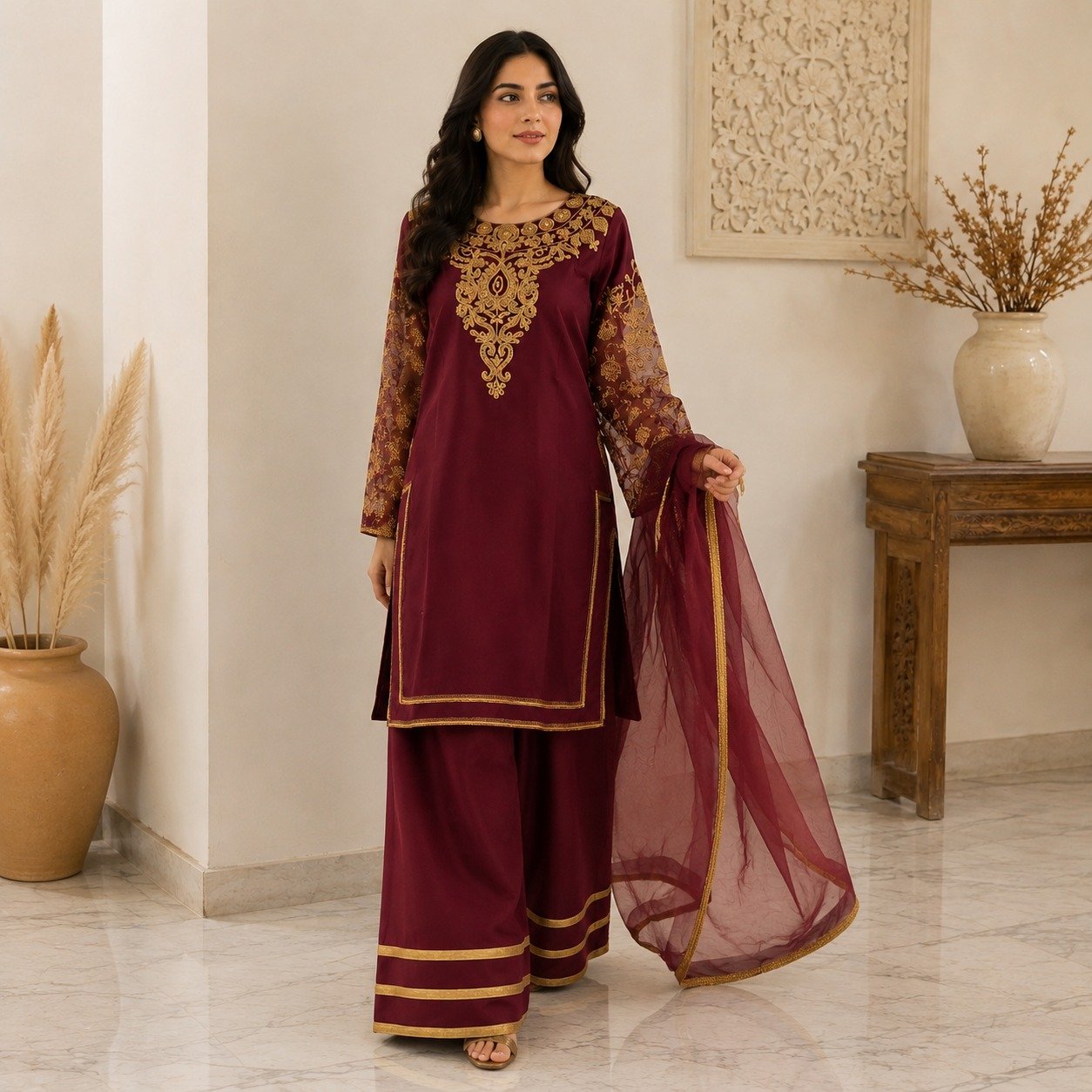Deep Maroon chiffon suits uk