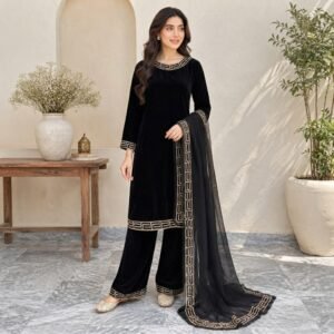 Jet Black Pakistani Velvet Suit-UK
