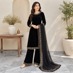 Jet Black Pakistani Velvet Suit-UK