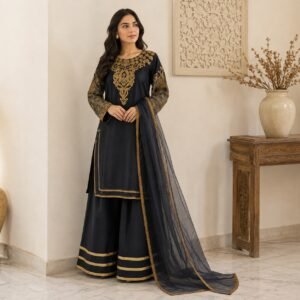 Jet Black pakistani chiffon party wear suit