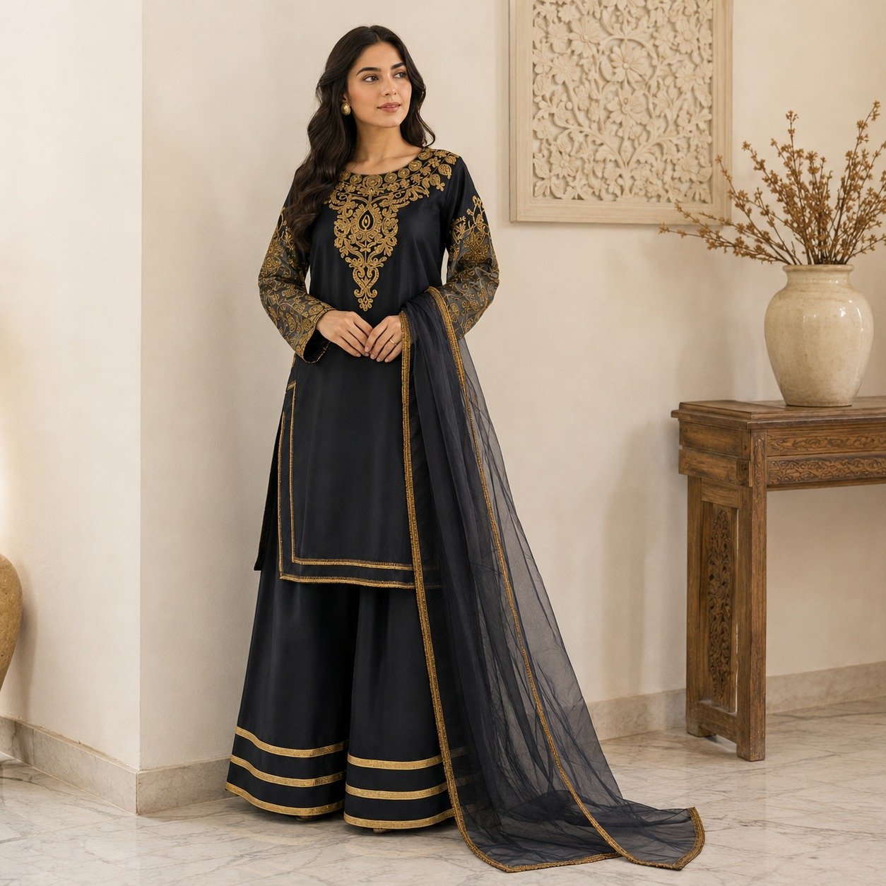 Jet Black pakistani chiffon party wear suit